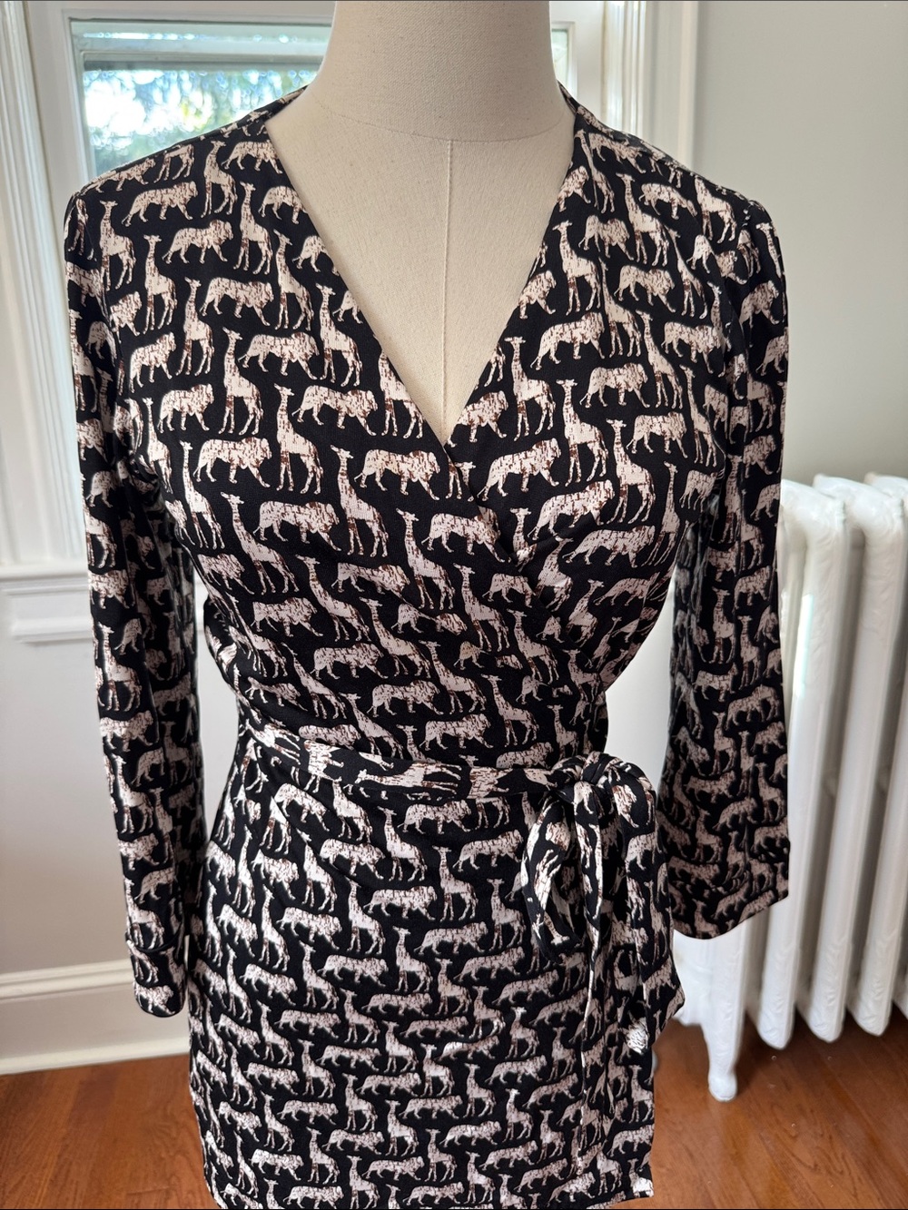 Diane Von Furstenberg Black and Cream Animal-Print silk Wrap Top